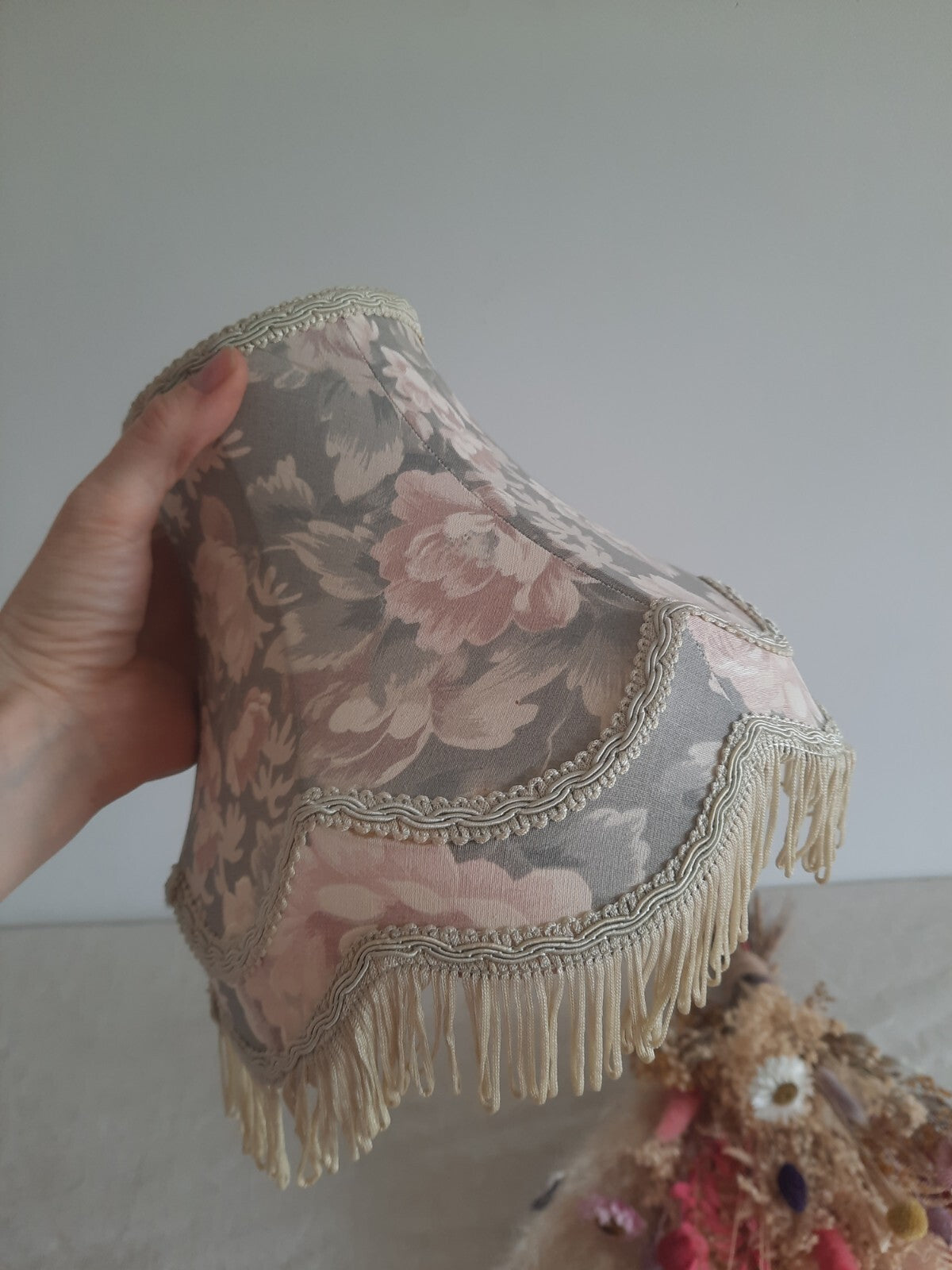 Grey Floral Lampshade shabby chic prop bell tassel table light medium shade Rose