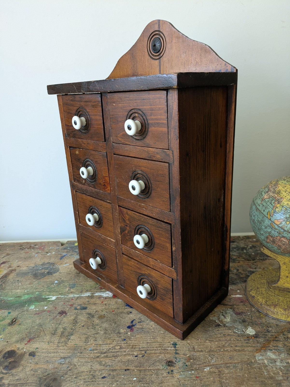 Antique Set of Eight Early 20th Century Wooden Spice Drawers Porcelain Knobs Vtg