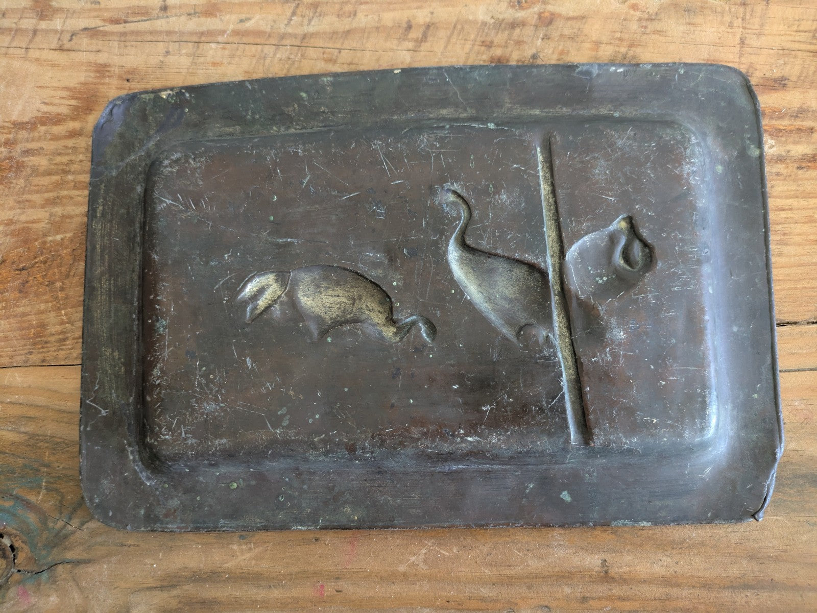 Early 20th Century Oriental Bronze Shallow Dish Heron Cranes Bamboo Tray Plaque