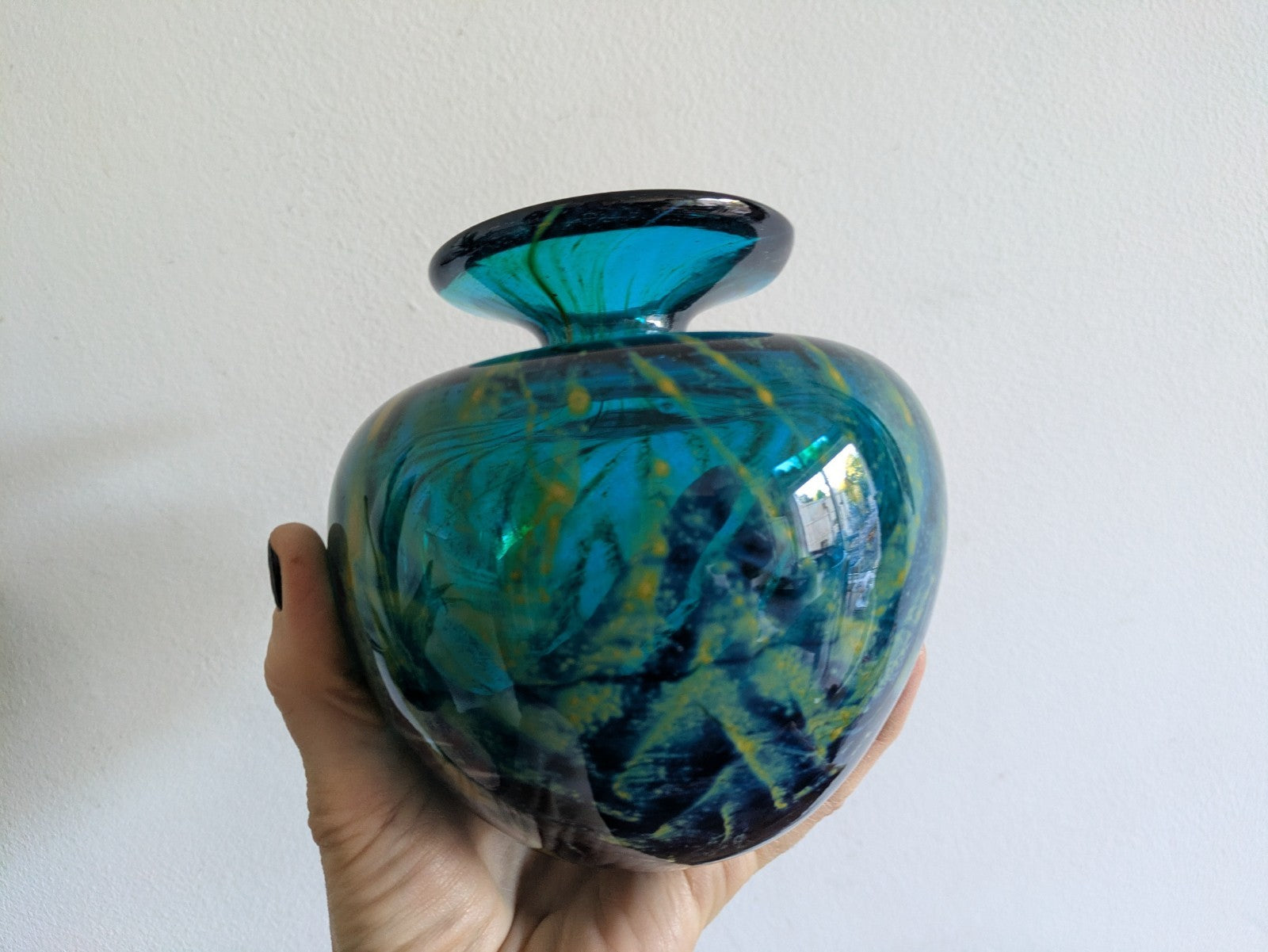 SIGNED Mdina 'Roman' Maltese Blue & Yellow Glass Squat VaseChevron 1970s VTG 