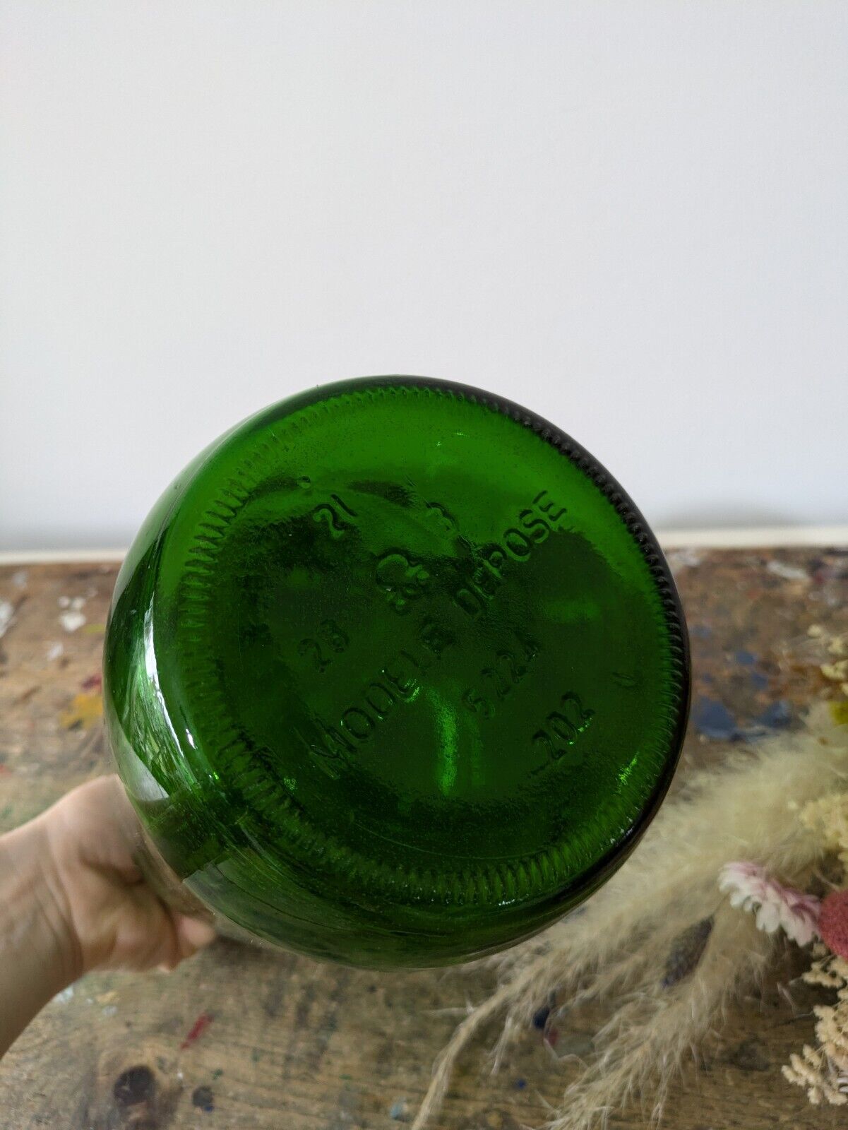 Vtg French Green Glass Jug Bottle Demijohn Modele Depose Beer Wine Display Vase 