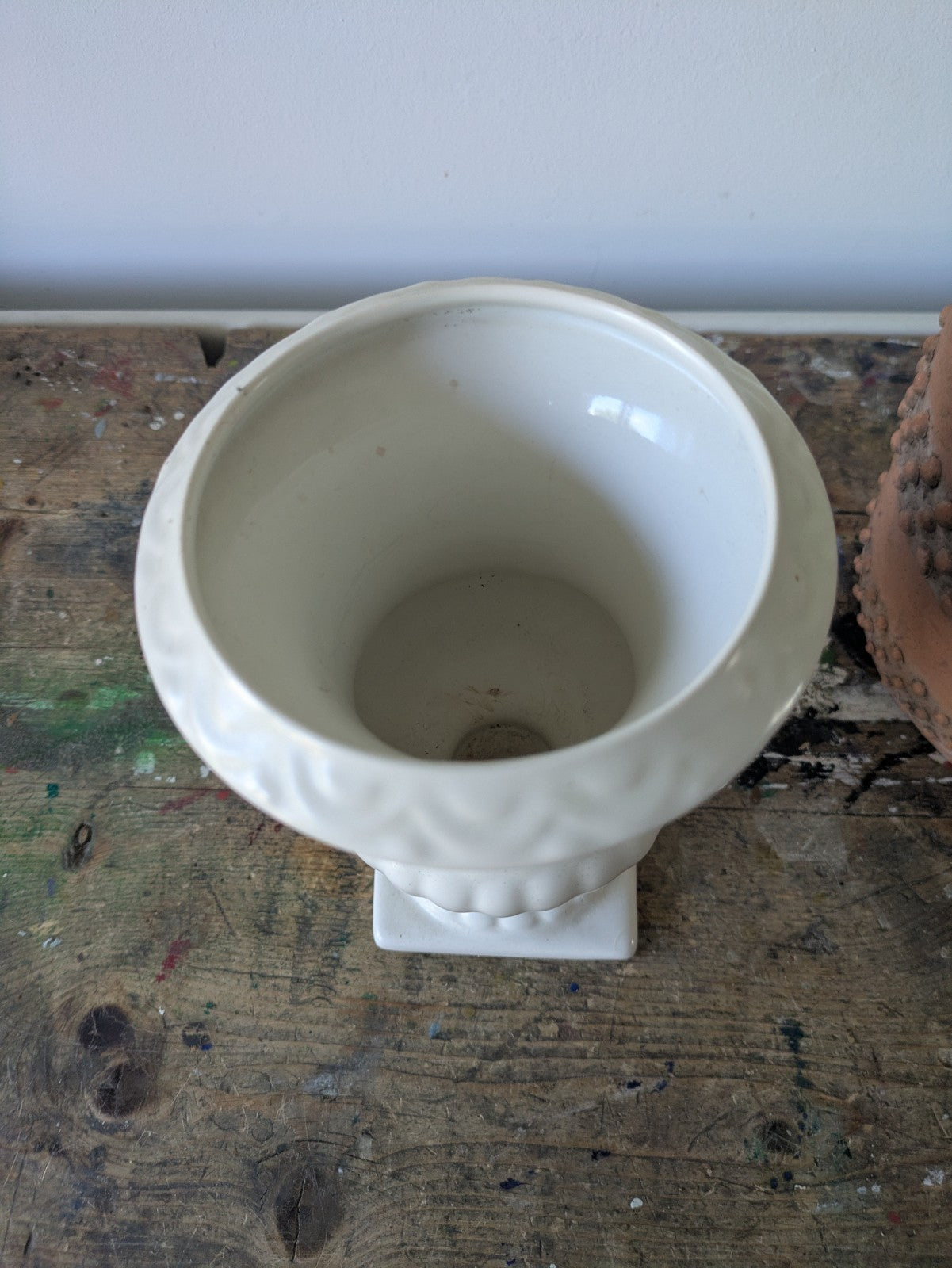 Vintage Shorter & Sons White Pottery Urn Vase 2 Handles Classic Pedestal Design