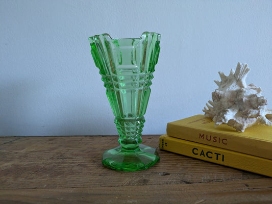 Uranium Green Glass Art Deco Vase c.1930s/40s  Vanity 15cm High Pedestal UV Glow