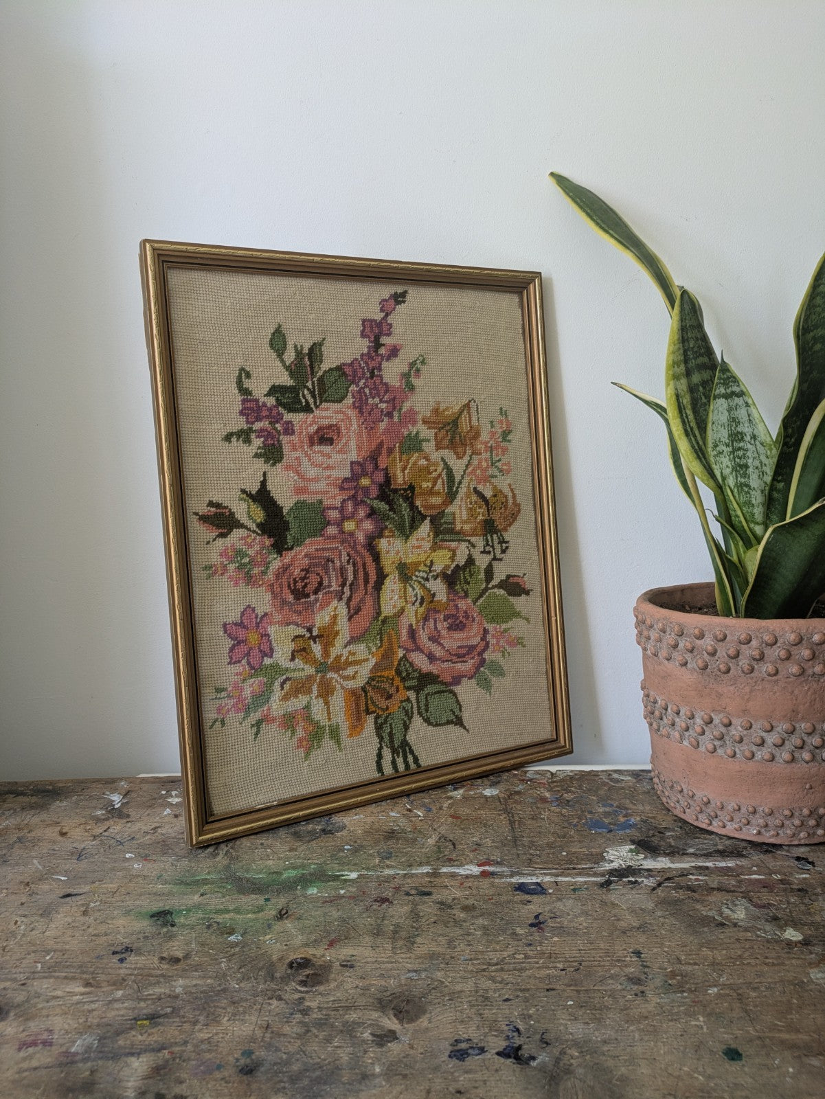 Vintage Floral Embroidery Cross Stitch Picture Tapestry Rose Bouquet Framed Vgc