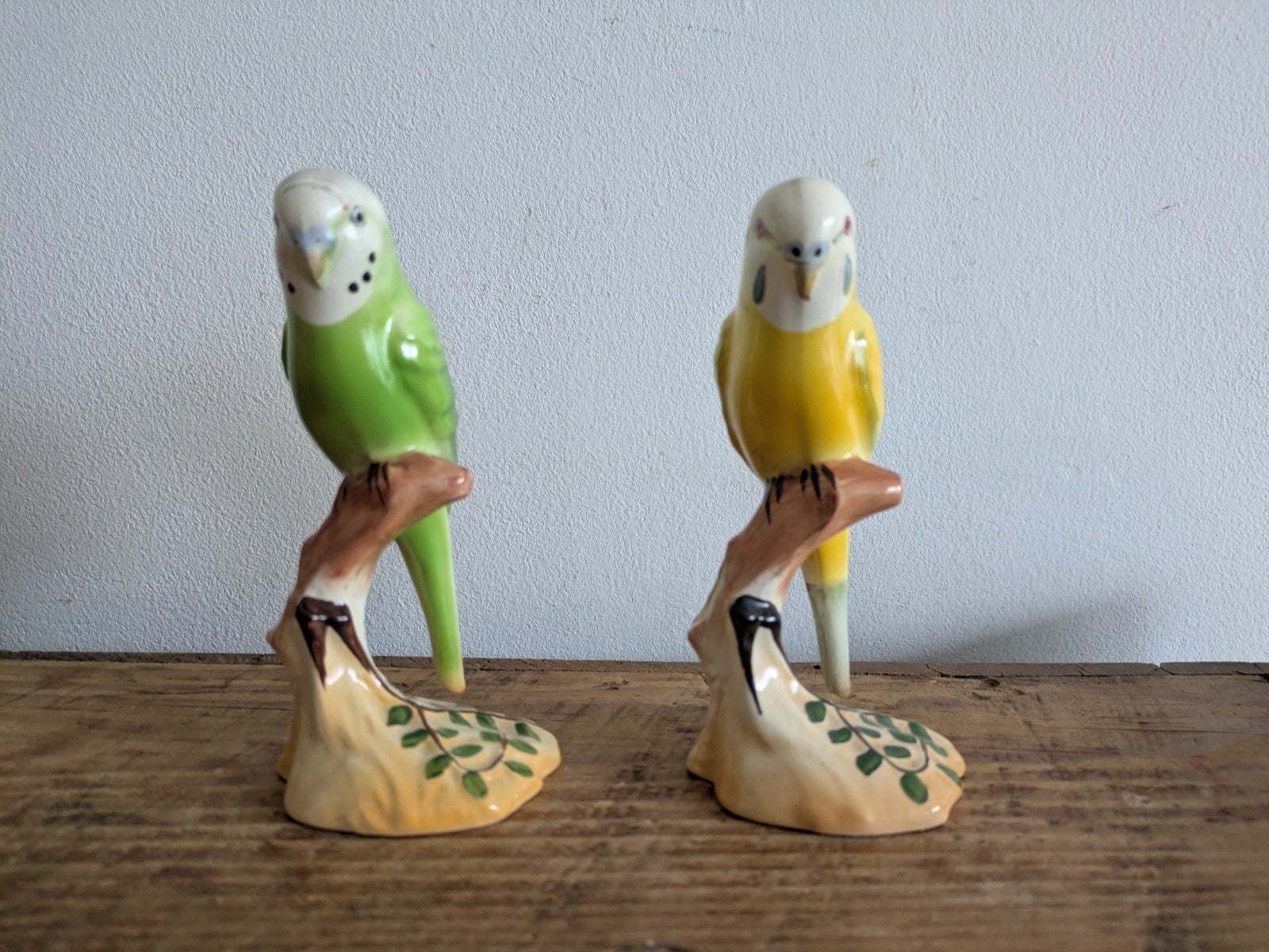 2x Rare Green Yellow Budgie Mid Century Kitsch Retro Ceramic Figurine Ornament