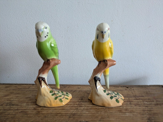 2x Rare Green Yellow Budgie Mid Century Kitsch Retro Ceramic Figurine Ornament