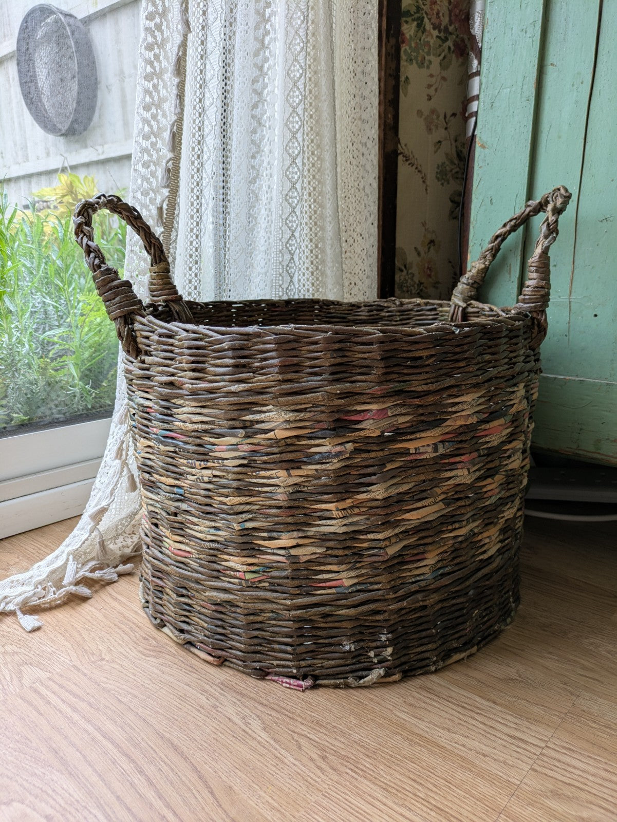 Basket Recycled Newspaper Hand Woven High Sturdy Large Handles Log Laundry Round