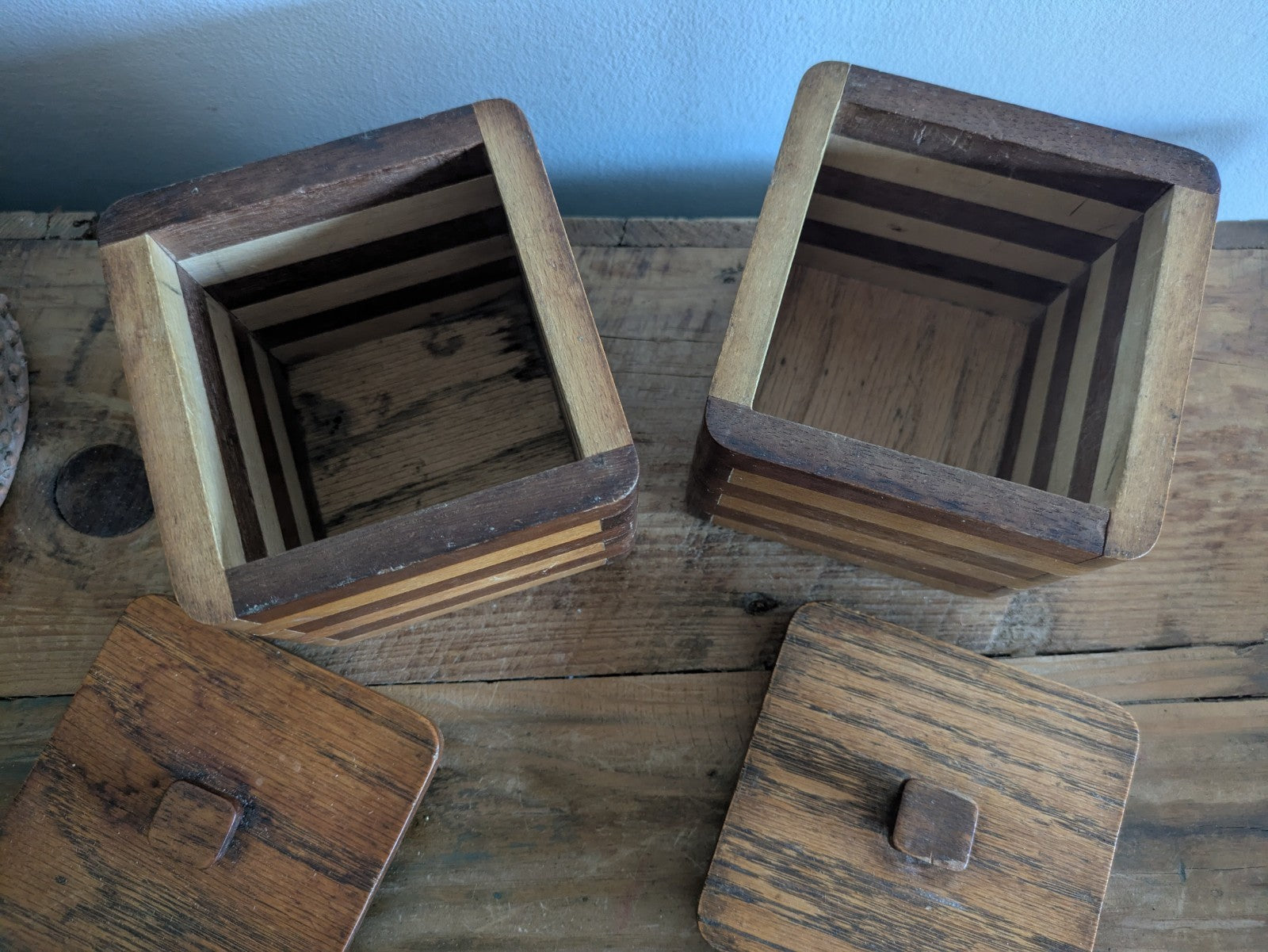 Pair Vtg Wood Two-tone Striped Kitchen Canister Caddy 1960's Mid Century Retro 