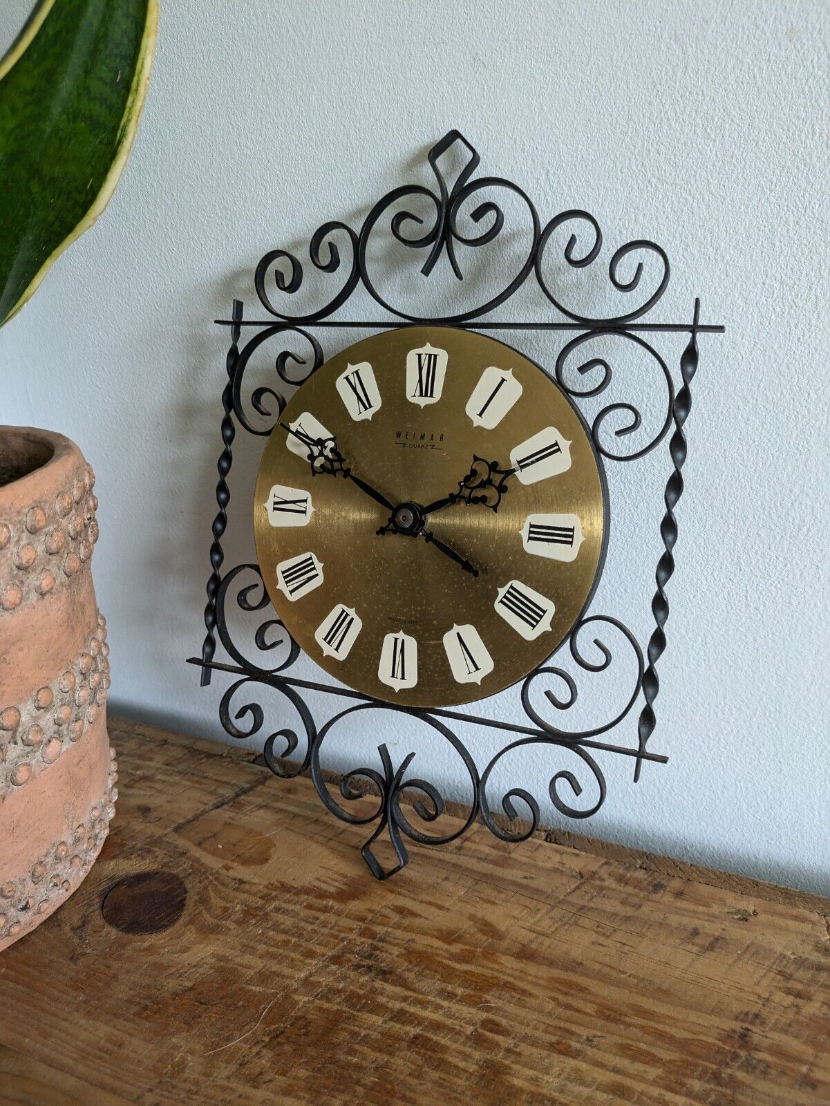 Vintage Weimar Ornate Battery Wall Clock Black Metal Scroll Mid Century MCM 70s