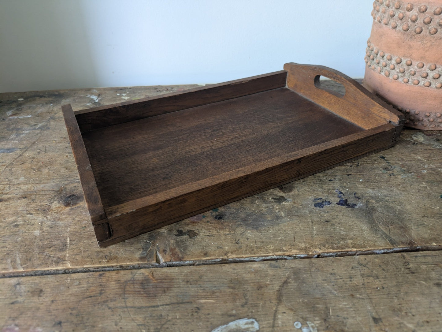 Vintage Antique Oak Wood Butlers Serving Tray with Handles Inset Prop Tea Drinks