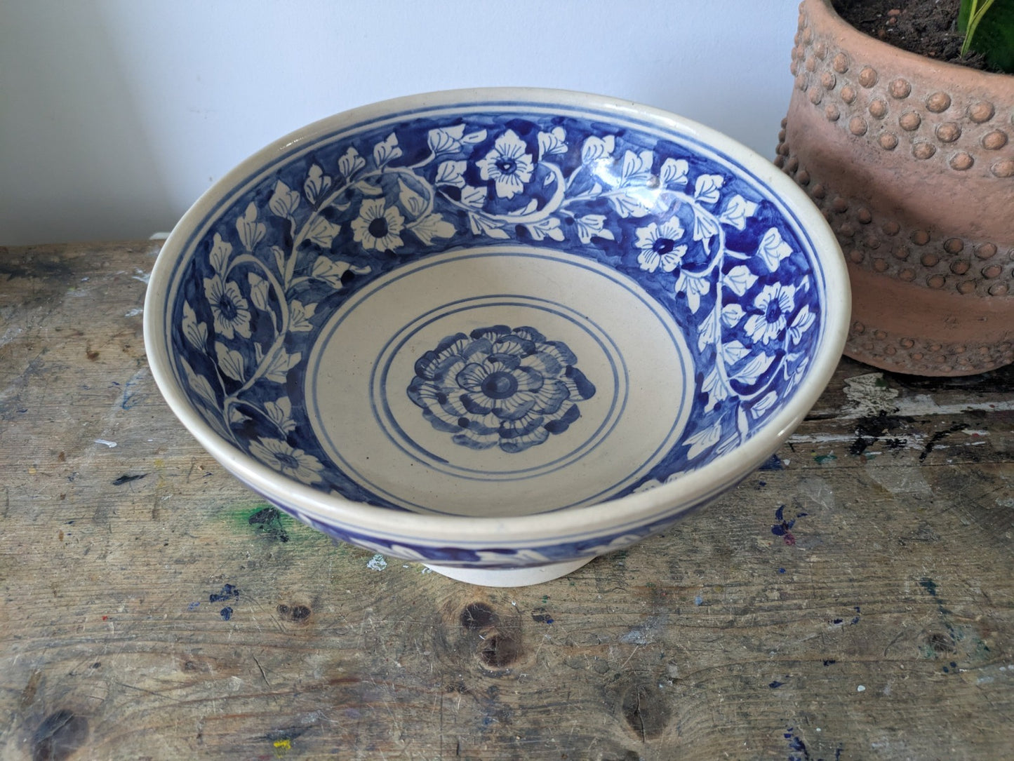 Asian Blue and White Ceramic Fruit Bowl Serving Dish Footed Raised Pedestal Vtg