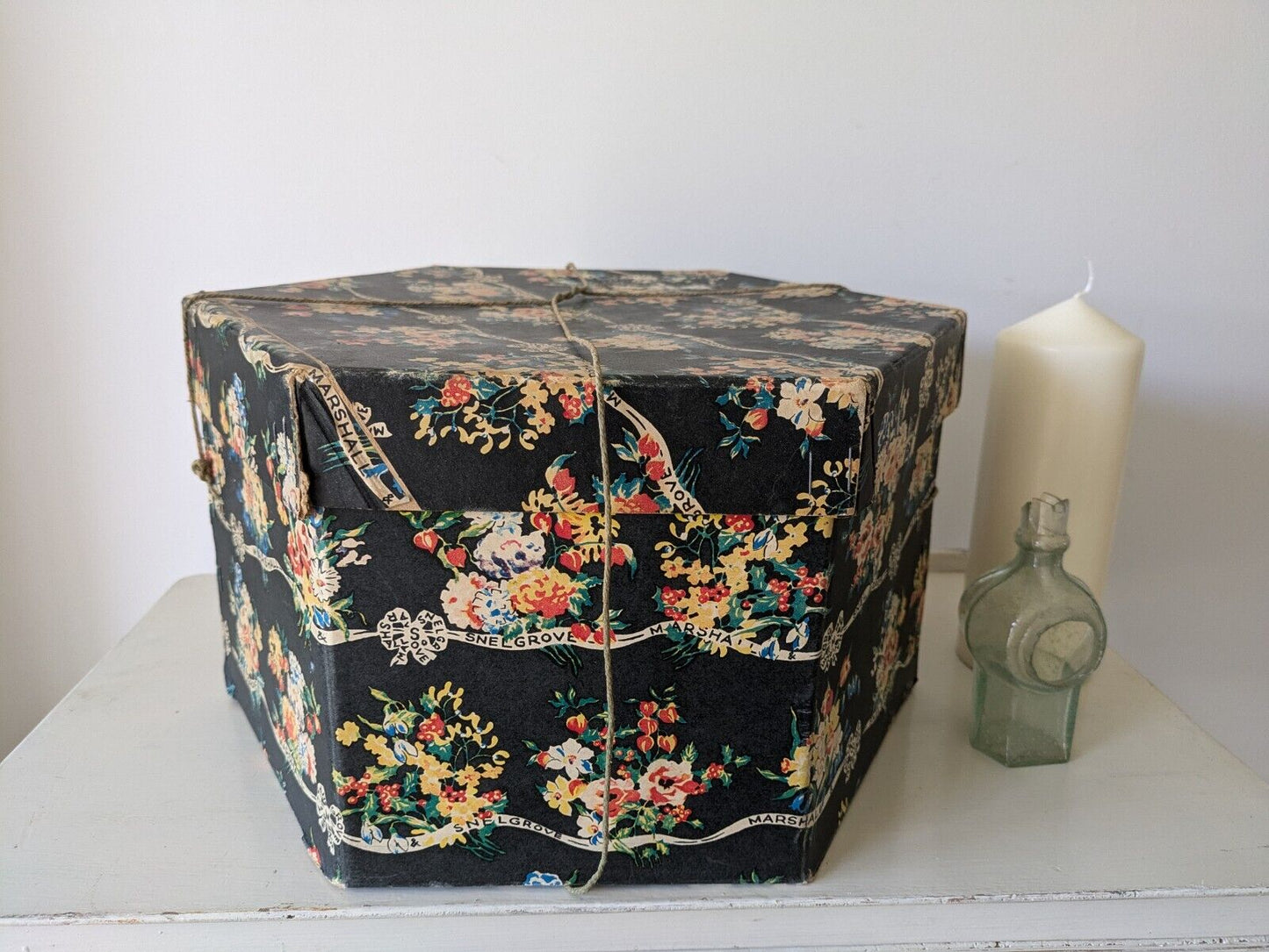 Marshall and Snelgrove vintage large hat box 1950's Hexagonal Floral Storage Vgc