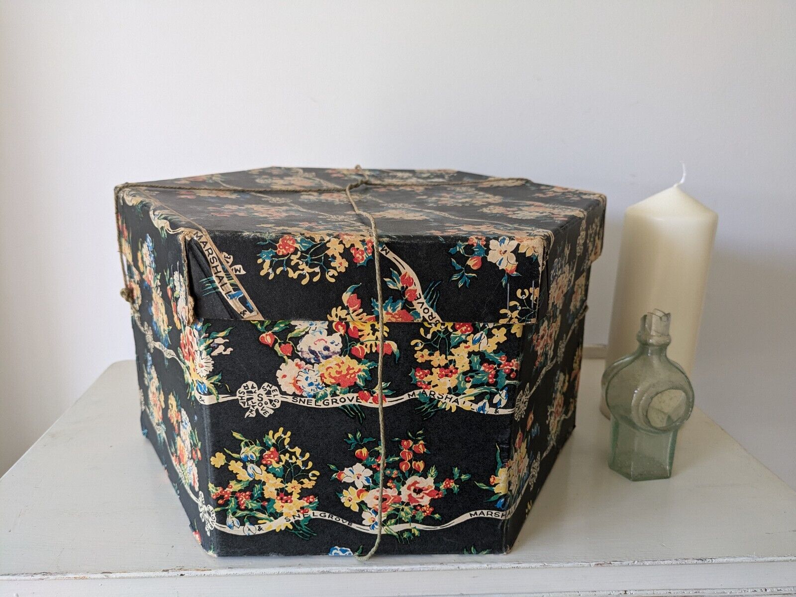 Marshall and Snelgrove vintage large hat box 1950's Hexagonal Floral Storage Vgc