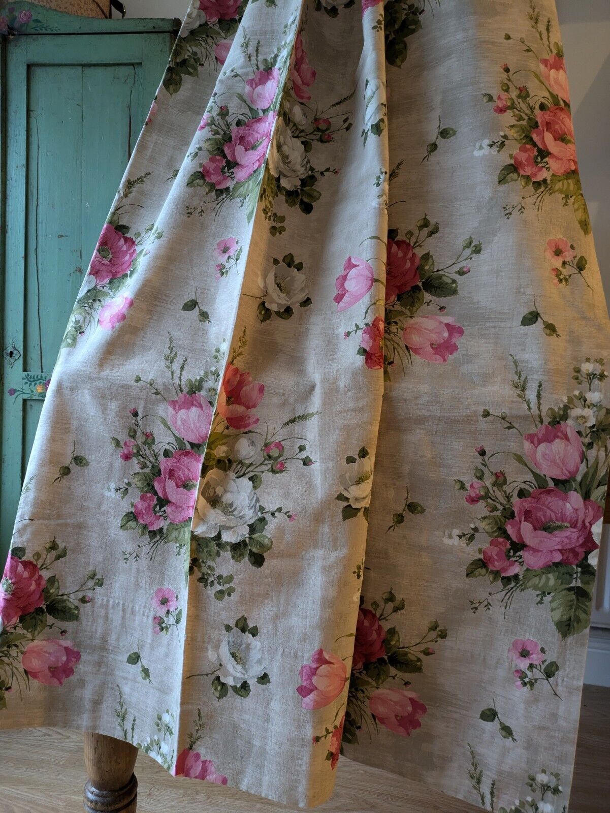 Vtg SANDERSON Pink rose Floral Curtains Shabby Chic W108cm D162cm fabric Grey