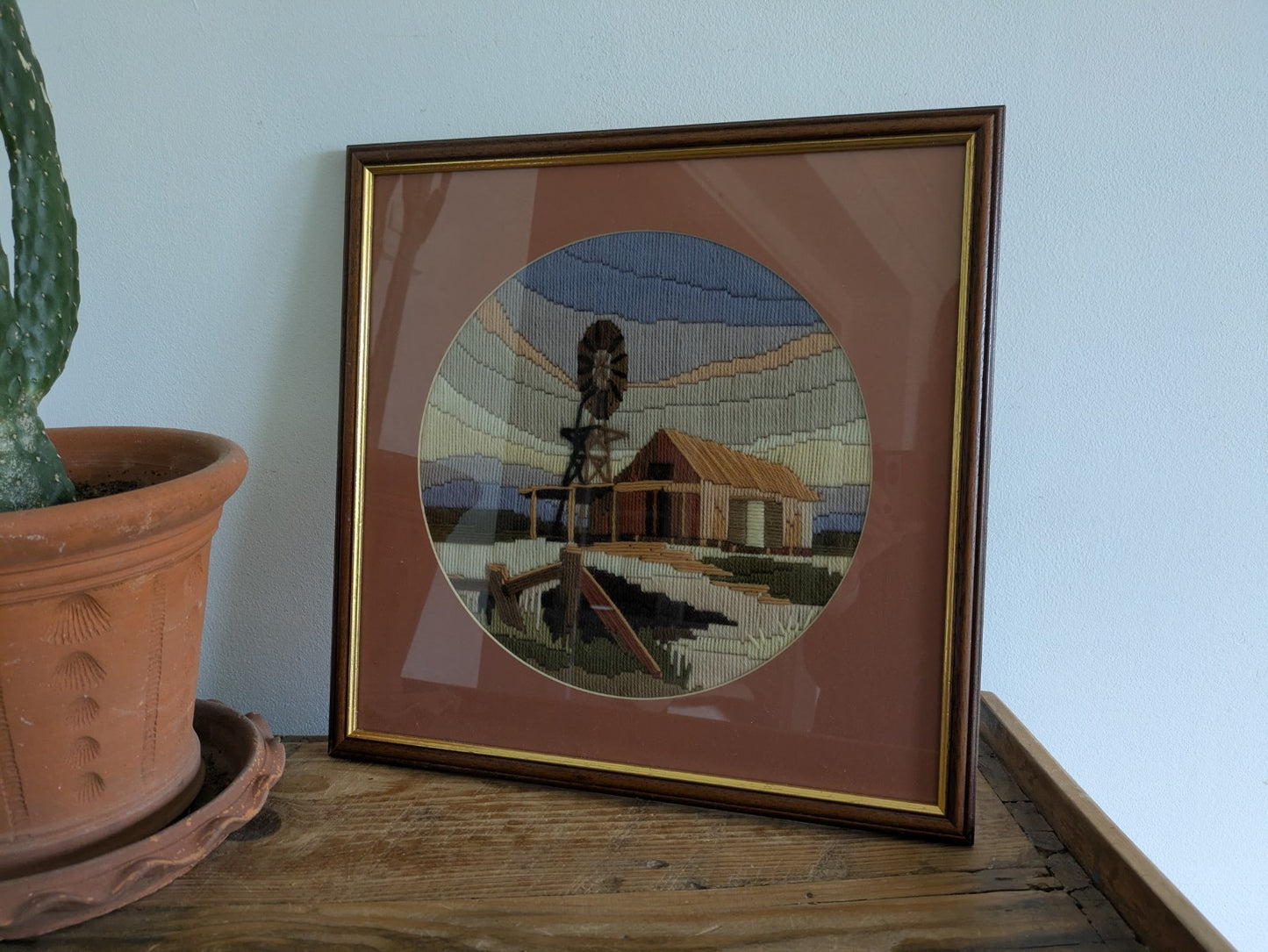 Vintage 1980s Embroidery Long Stitch Tapestry Picture Boho Wind Turbine Farm 