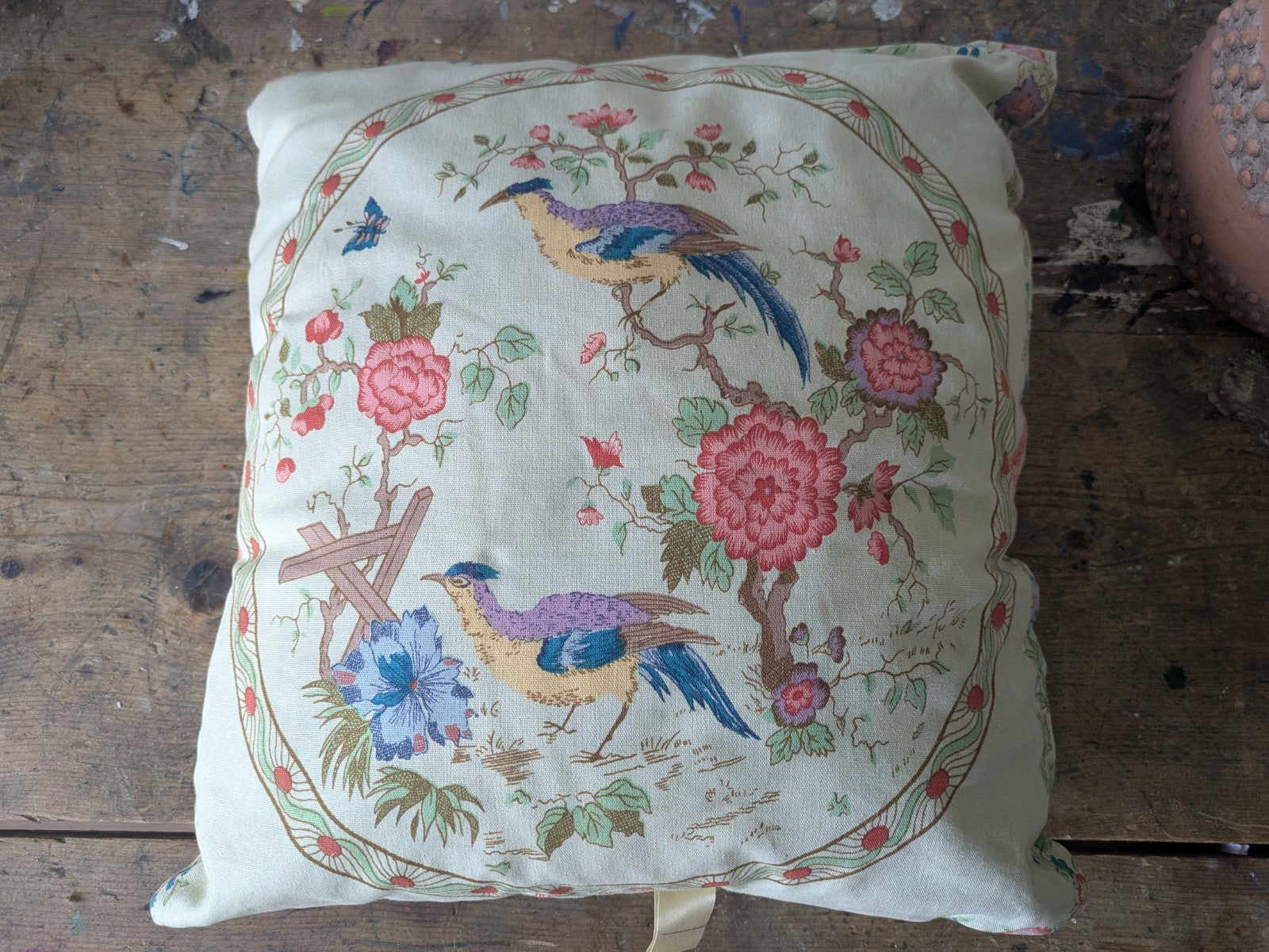 Pretty Cushion Cover Filled Vintage Quaintree Exotic Bird Fabric Handmade Vgc 
