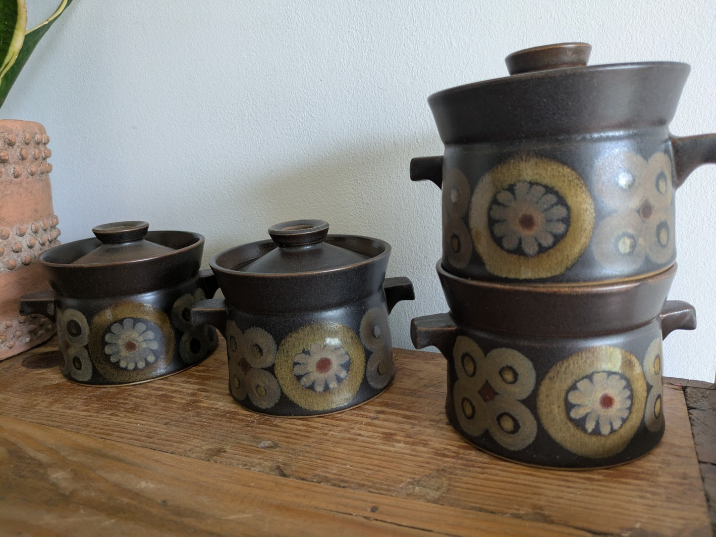 4 vintage 1960s DENBY Arabesque Gill Pemberton Small Lidded Soup Bowls 3 Lids 