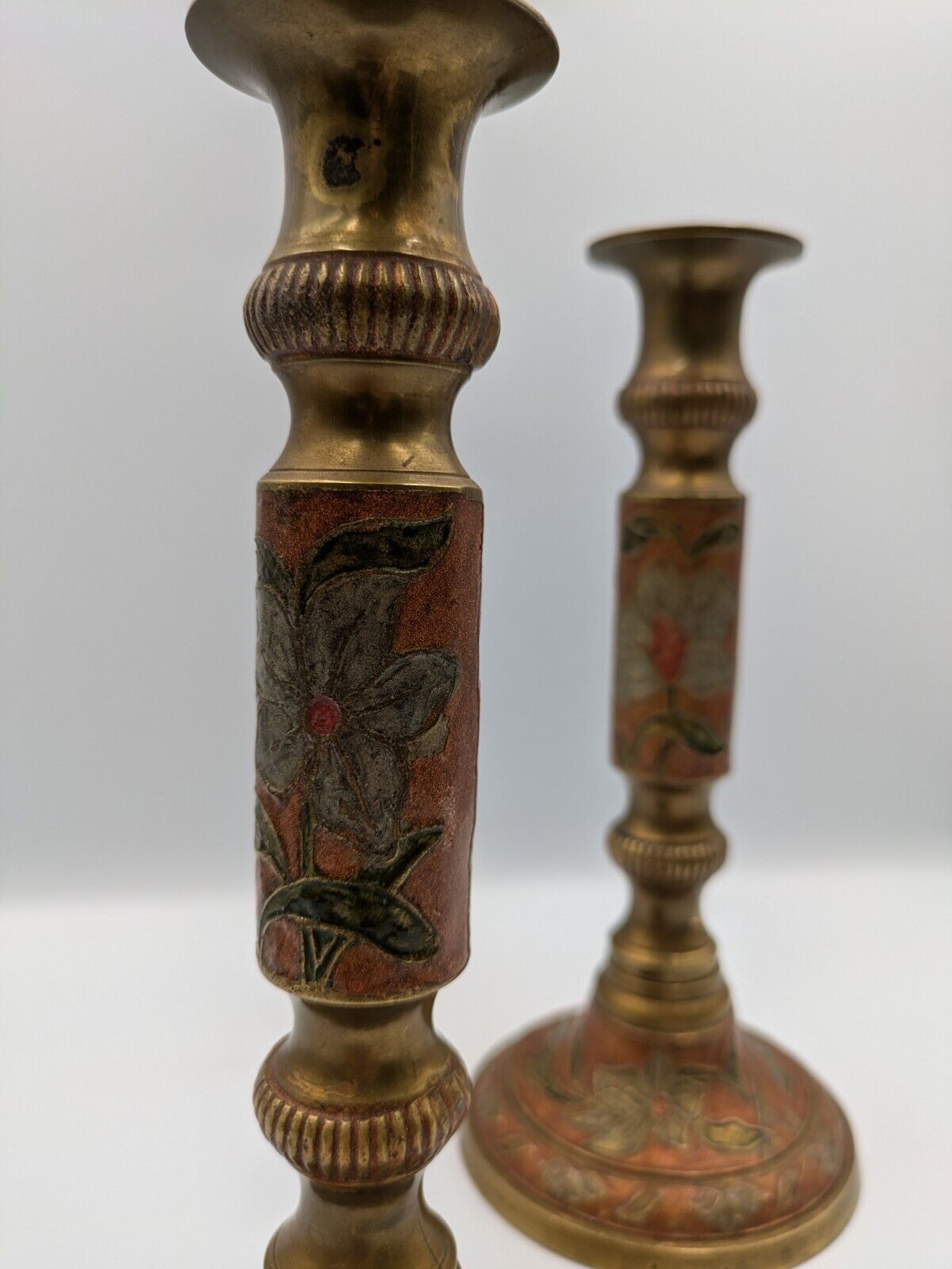 Pair Of Vintage Cloisonne Brass Candle Holder Enameled Brass Red & Blue Floral