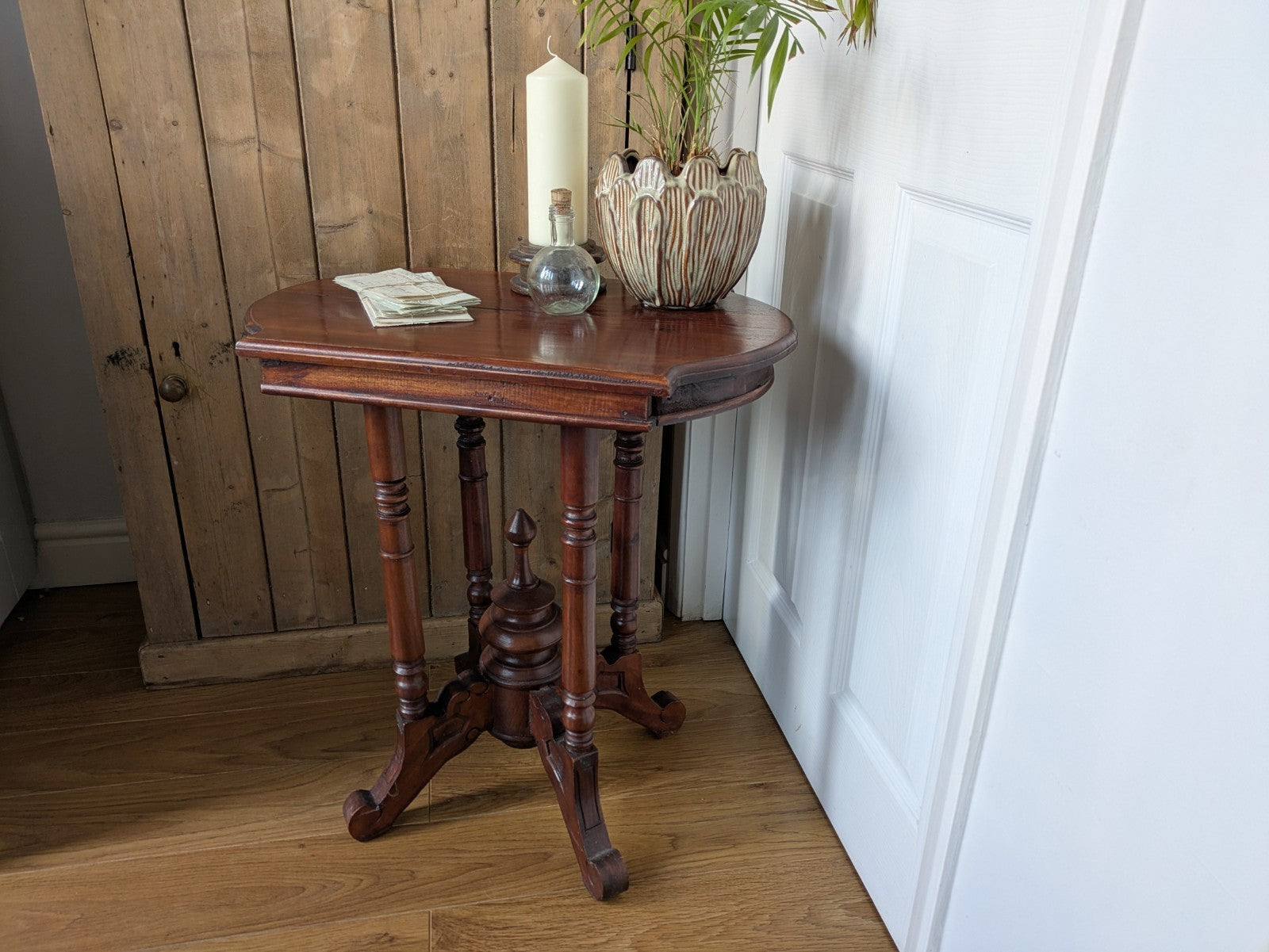 Antique Mahogany Side Table Hall Lamp Turned Legs & Finial Base Victorian C1890