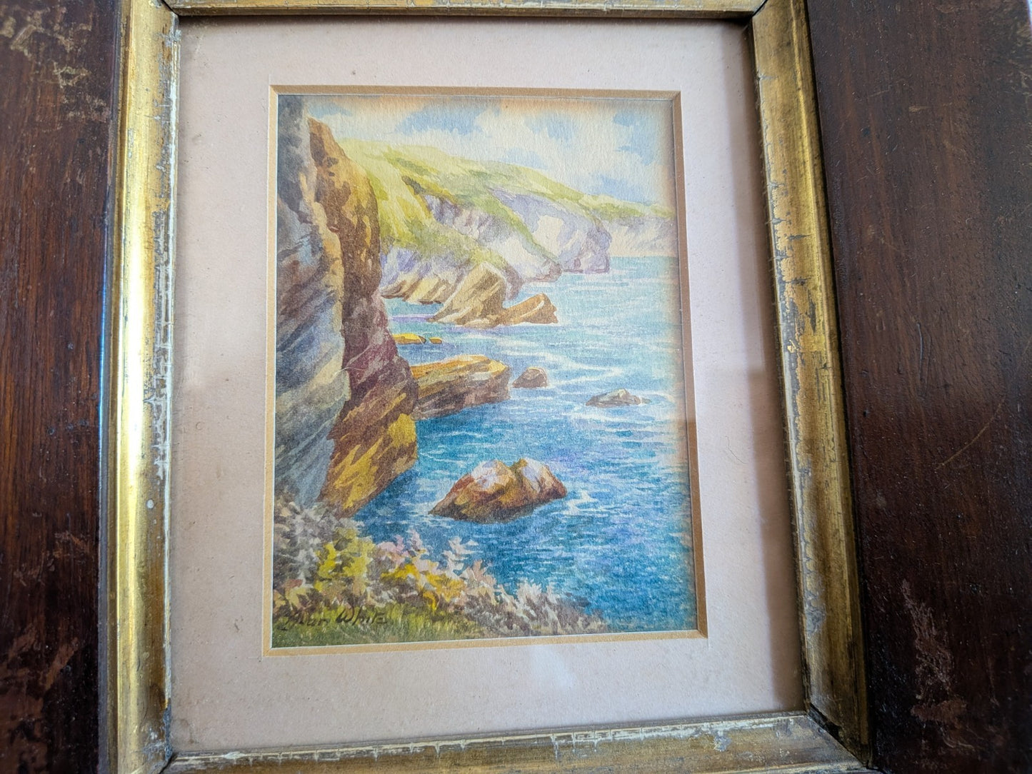 Pair Antique Framed Alan White Vtg Watercolour Signed Langcliff Woods Painting 