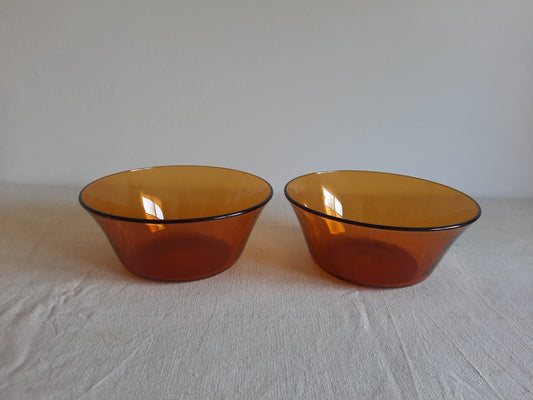 2x Amber Glass Serving Bowl Duralex France Vtg Mcm Mid Century Side Dish Deep