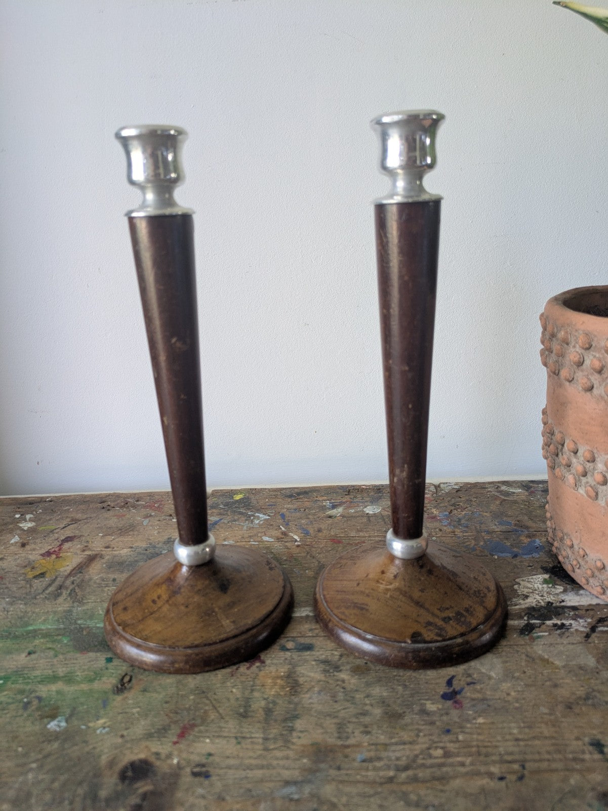 Pair of Antique Classic Tall Wood & Metal Candle Sticks Holders Art Deco Vintage