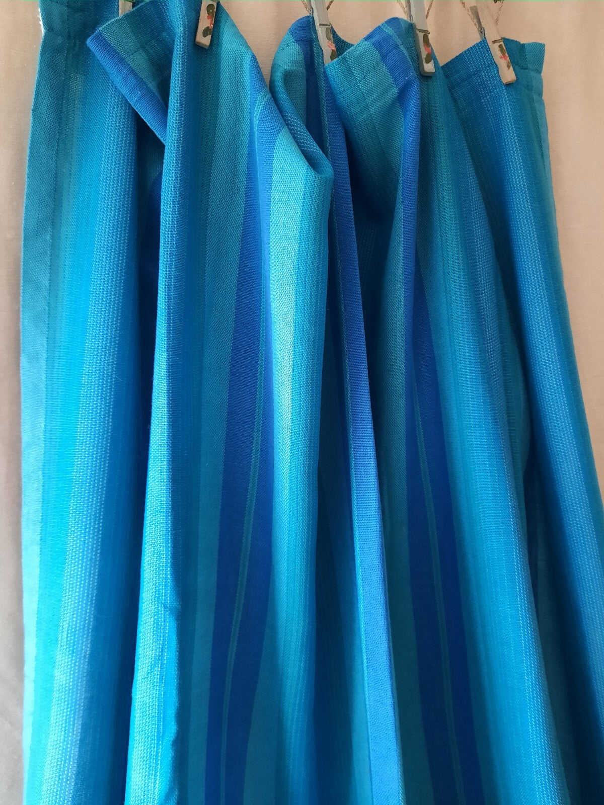 1x VINTAGE RETRO TEAL BLUE GREEN STRIPE MIDCENTURY CURTAIN 220.5cmD 114cmW long