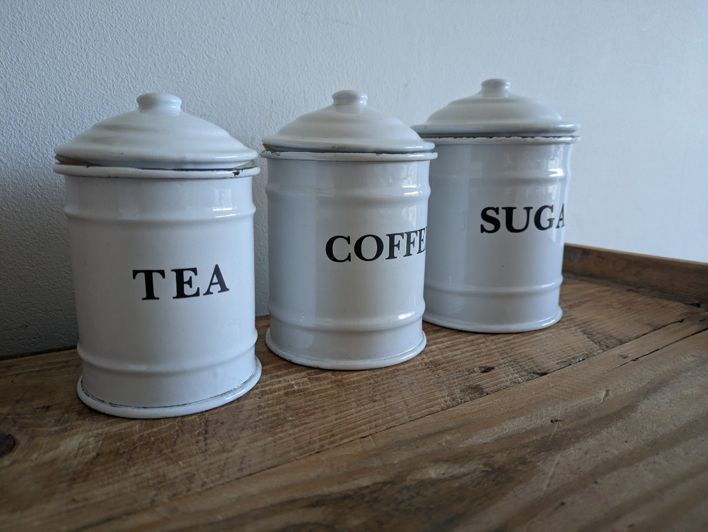 Vintage White Enamel Canisters Set Metal Tins Jars Antique Vgc Shabby Chic Clean