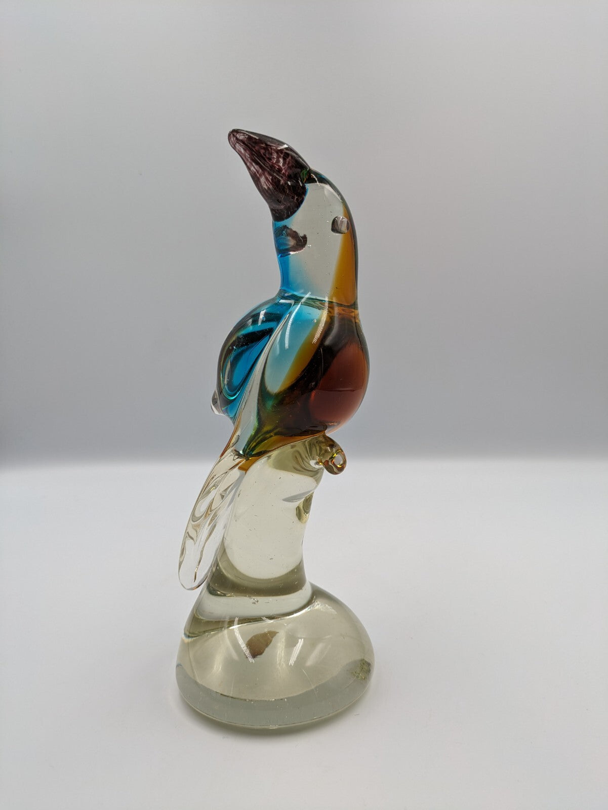 Large Murano Style Heavy Art Glass Brown Blue Bird Vtg Parrot Figurine 21.3cmH 