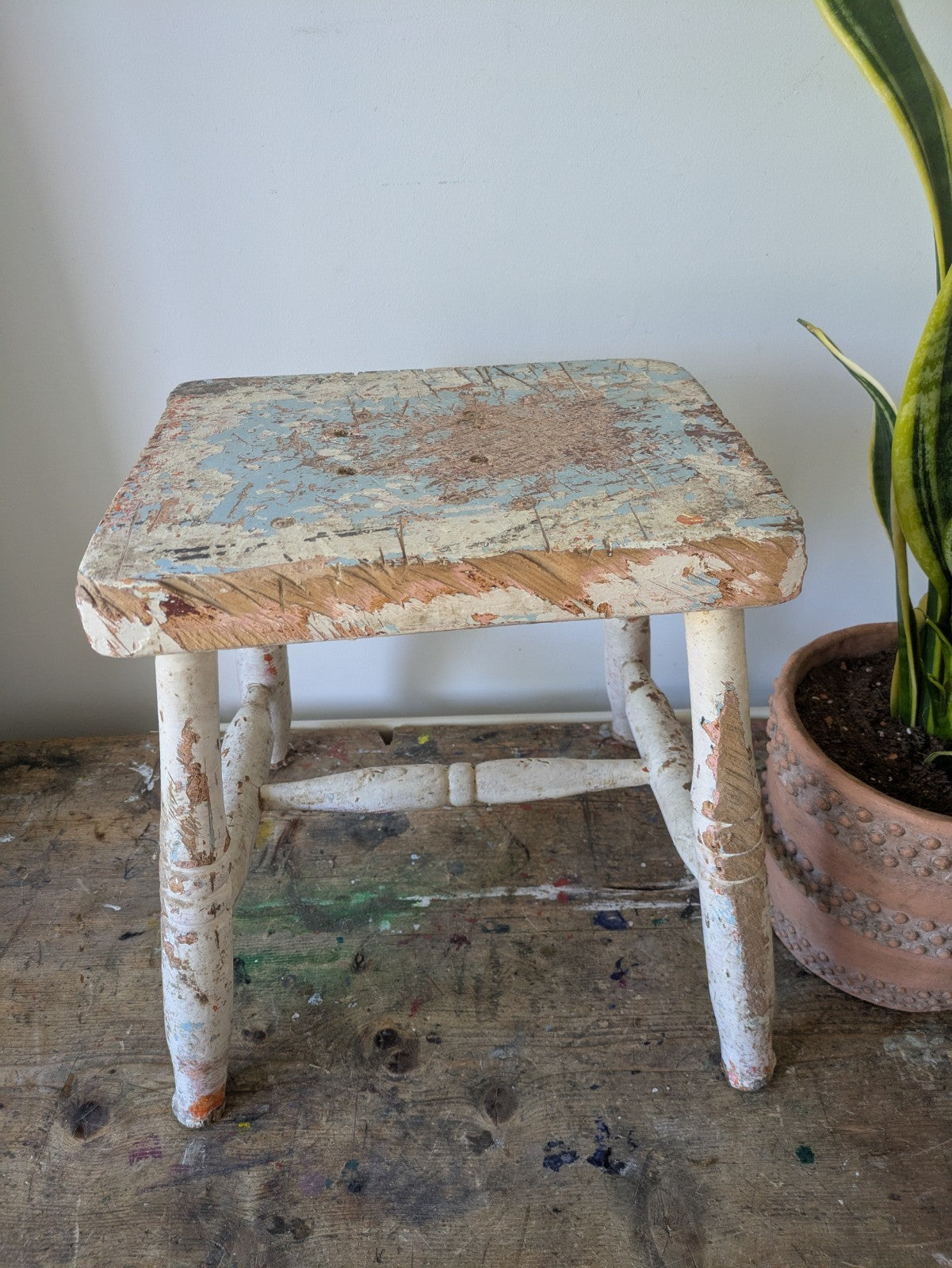 Victorian Antique Foot Stool Chippy Paint original seat chair Vtg Milking Step