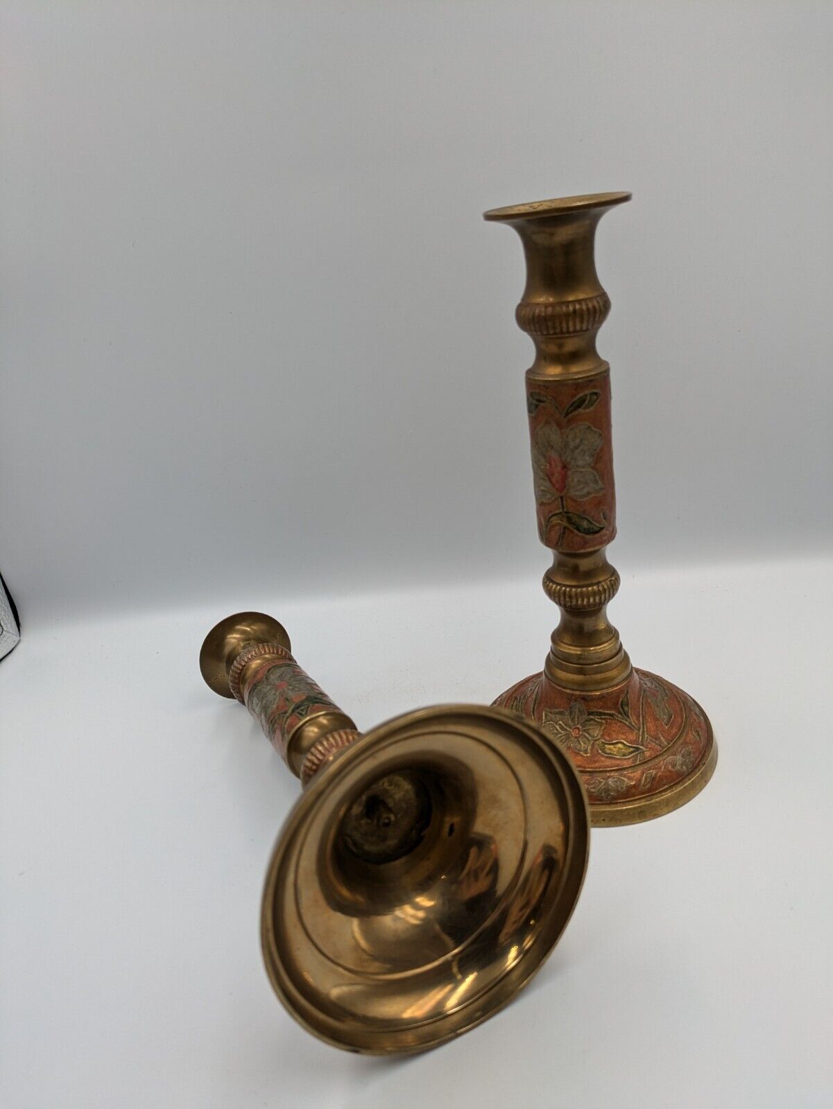 Pair Of Vintage Cloisonne Brass Candle Holder Enameled Brass Red & Blue Floral