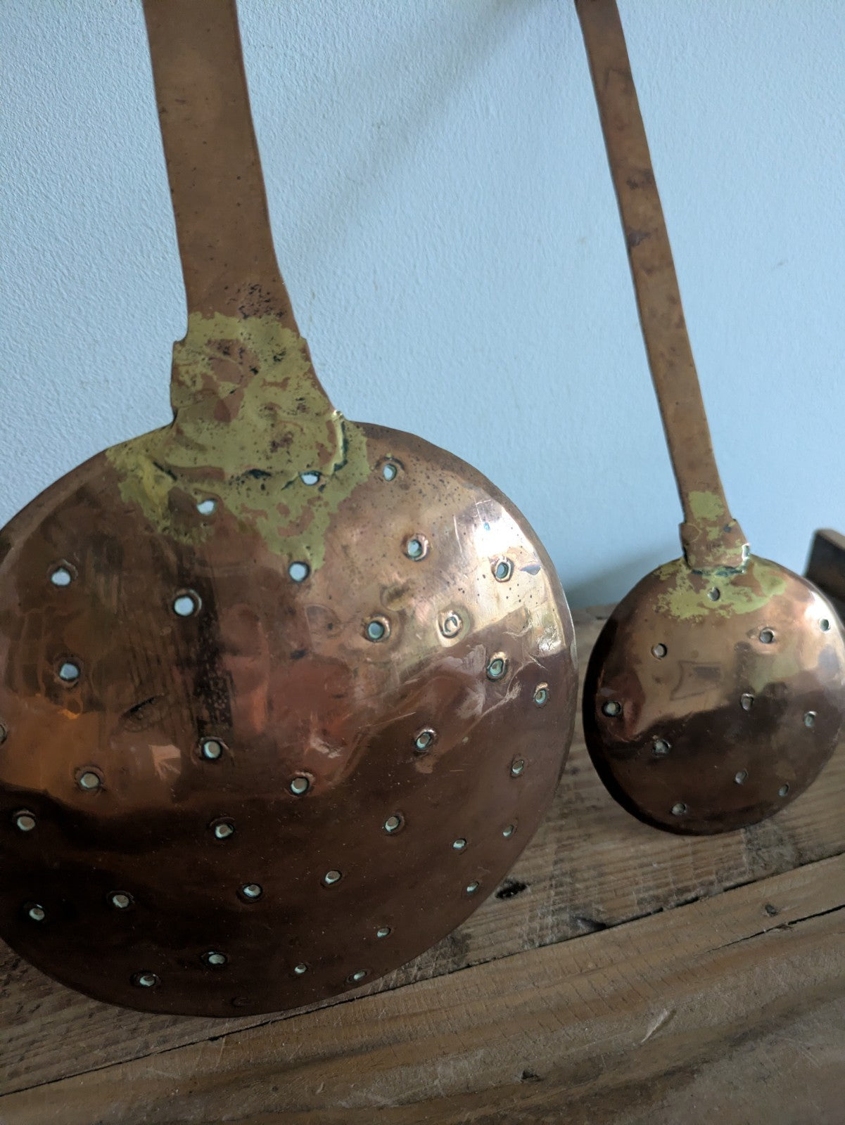 2x Antique 19th Century French Hammered Copper Strainer Skimmer Kitchenalia Vtg