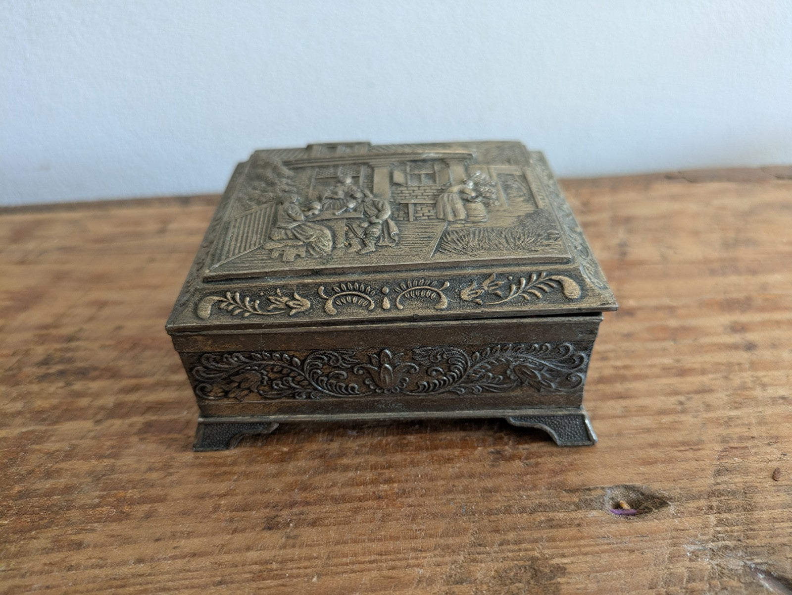 Vintage Japanese Footed Metal Jewelry Trinket Box Silver Tone Red Velvet Lining