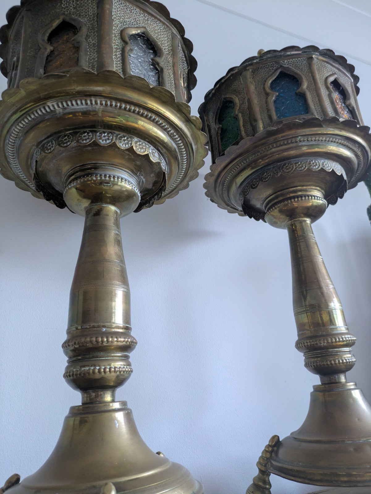 VTG Moroccan Brass Floor Lamps Stained Glass Gothic Original Pair Lights Props 