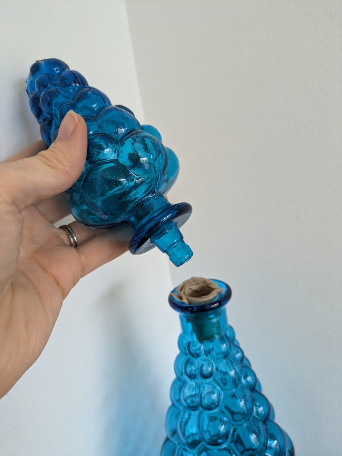 Vintage Italian Empoli Bubble Glass Decanter Blue with Stopper Made in Italy Vgc