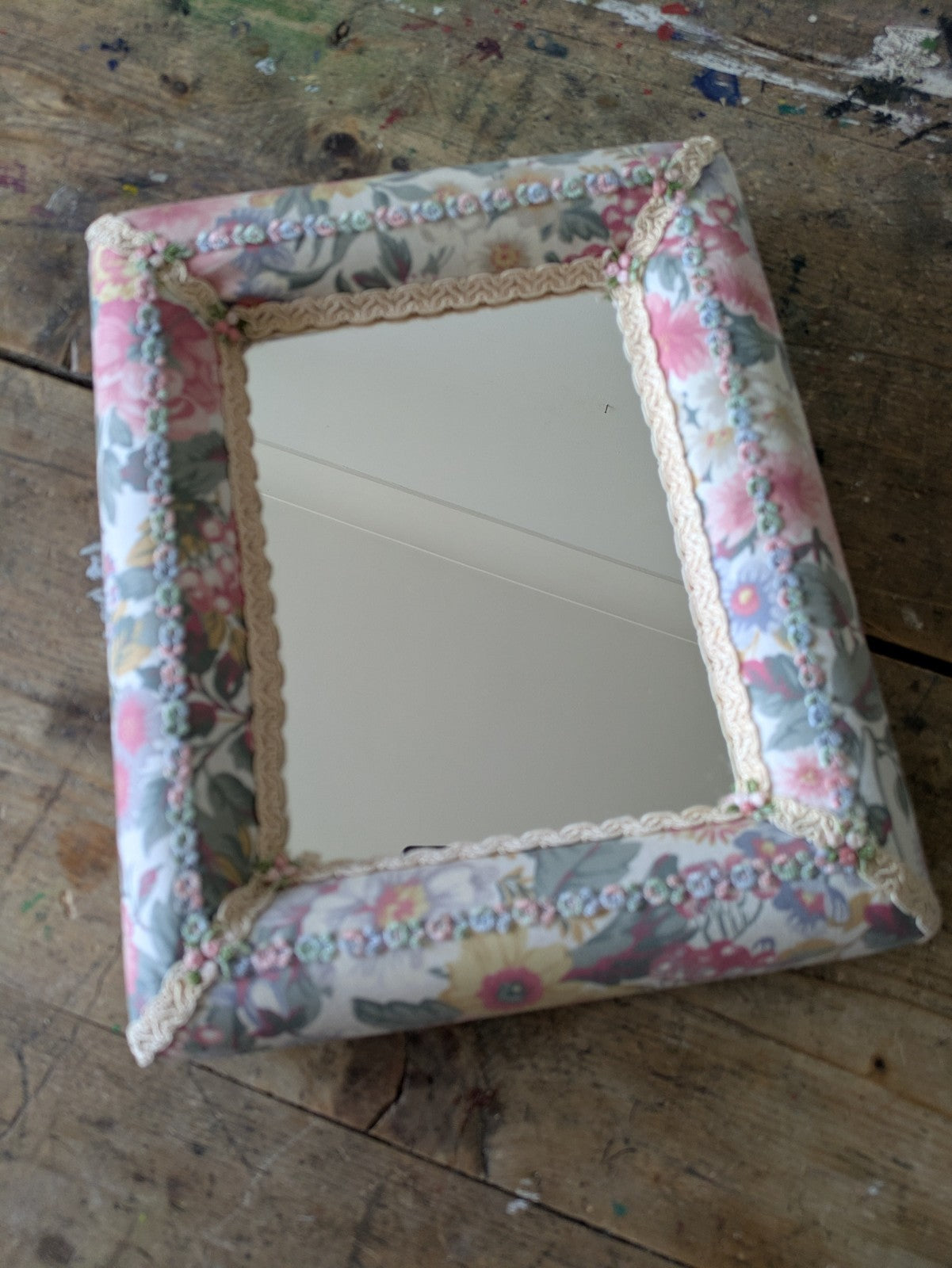 80s 90s Wall Mirror Fabric Floral Vintage Flowers Pink Rectangular Padded Chintz