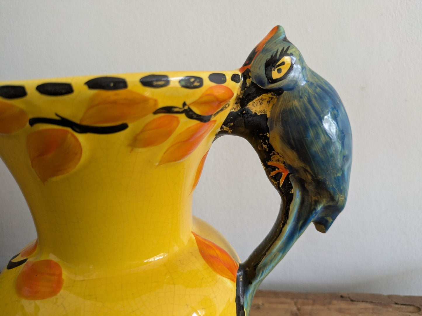 Art Deco Wade Heath Yellow Pitcher with Blue Parrot Bird Handle c 1934 Jug Vase