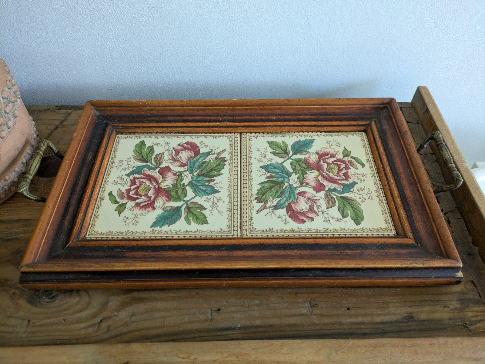 Vintage Tray Ceramic Rose Floral Tiles Wooden Frame & Brass Handles Serving Old!