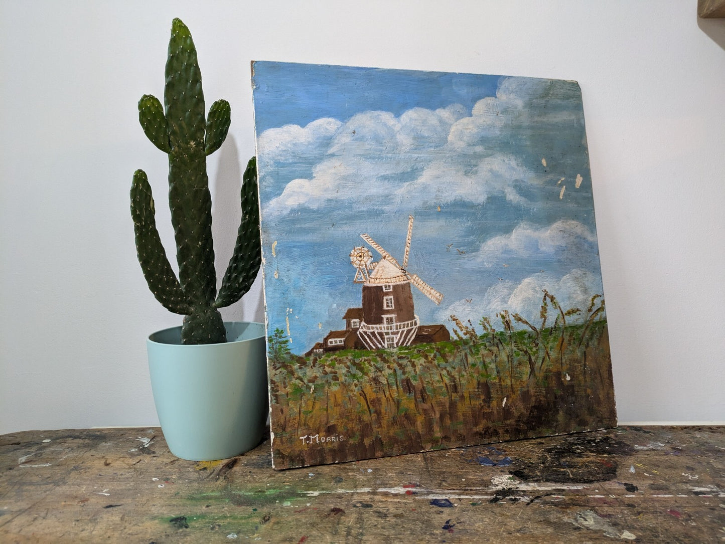 Vtg Painting T Morris Farm Windmill Oil On Board Country Picture Landscape