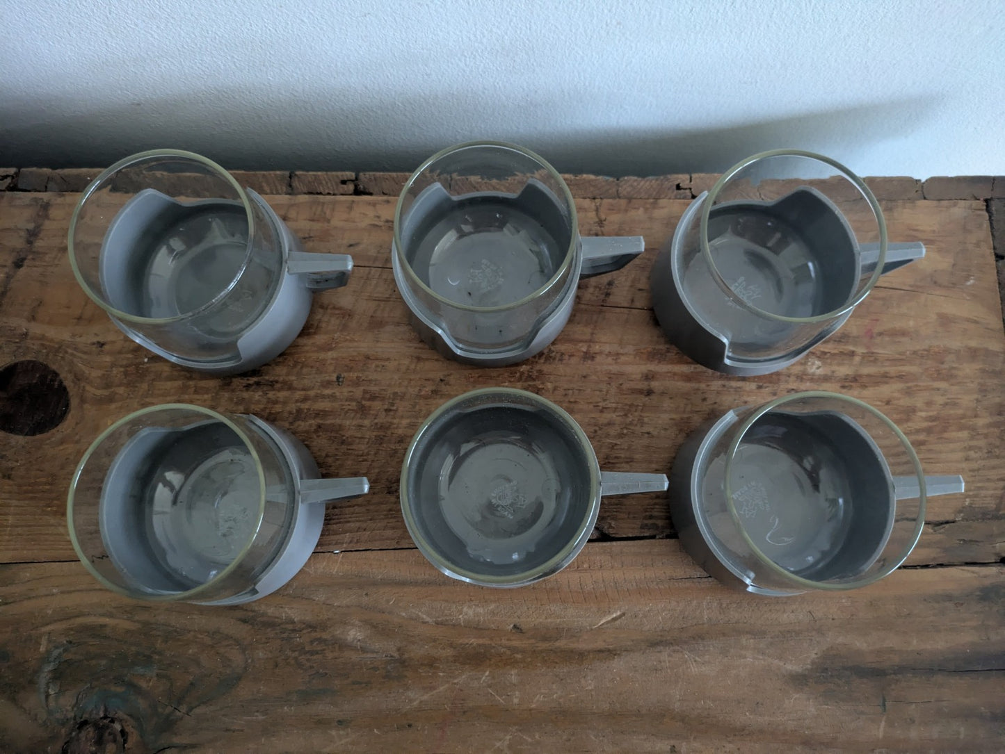 6 Grey Drink Mugs Cups Vintage JAJ Pyrex Camping Caravan Camper Picnic Set Retro