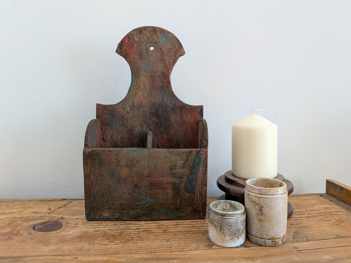 Rustic Wooden Country House Candle Box Wall Sconce Paint Brush Holder VTG Style 