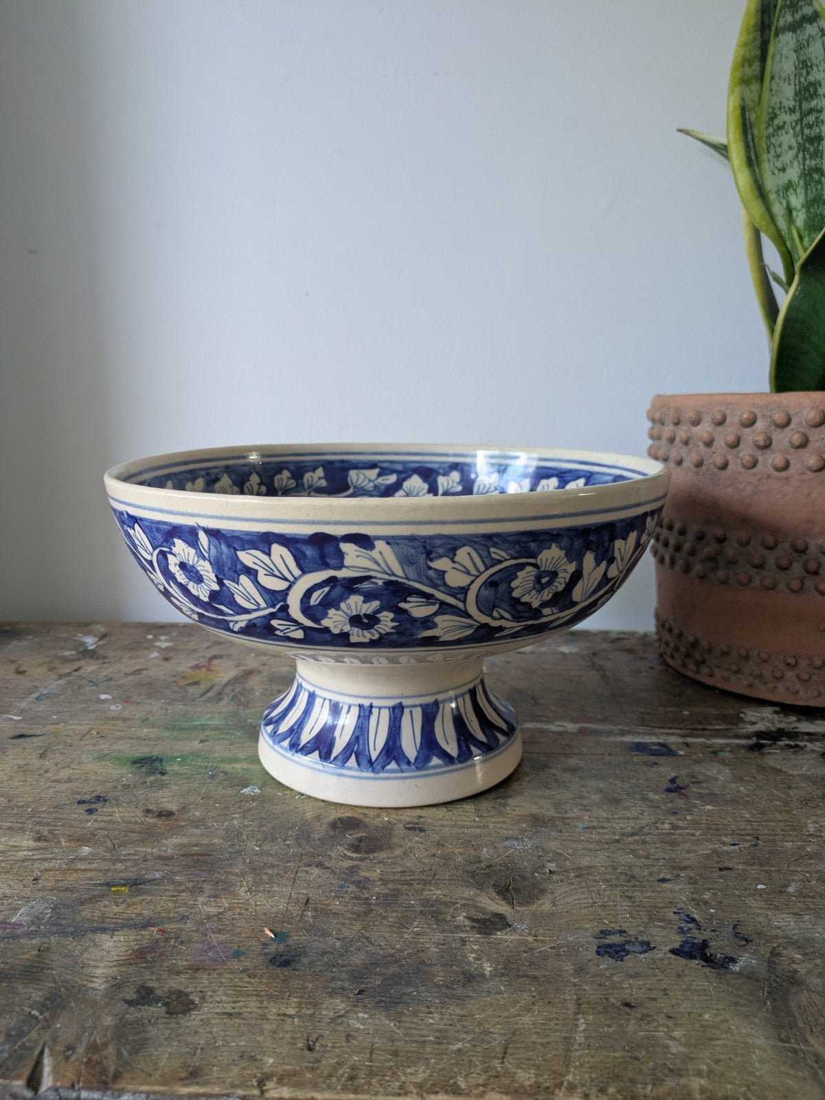 Asian Blue and White Ceramic Fruit Bowl Serving Dish Footed Raised Pedestal Vtg