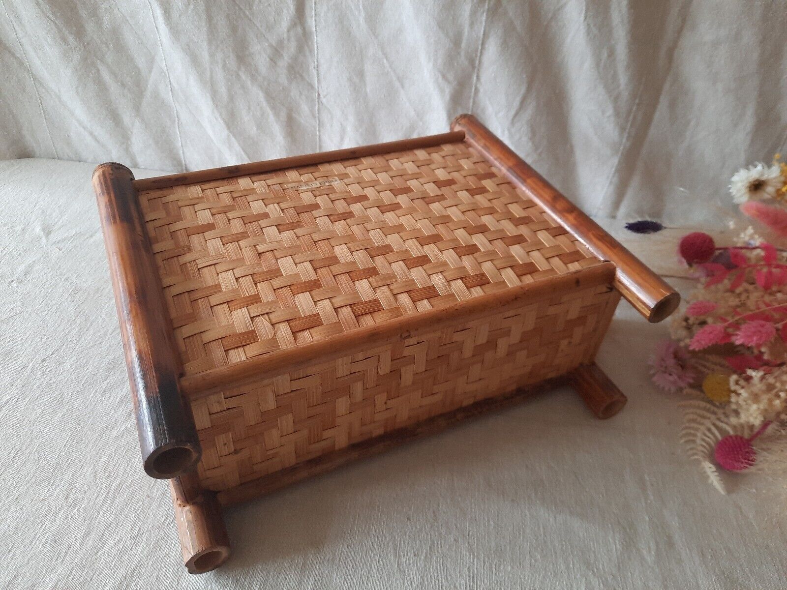 VINTAGE TIKI BAMBOO LETTER RACK SHELF DESK TIDY BOHO CANE RED  RETRO MIDCENTURY