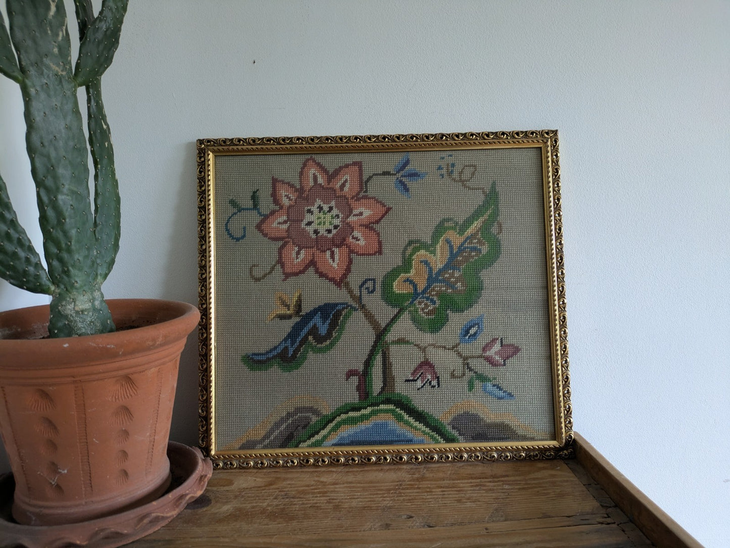 Vintage 1960s Floral Tapestry Embroidery Cross Stitch Picture Framed Tree Life