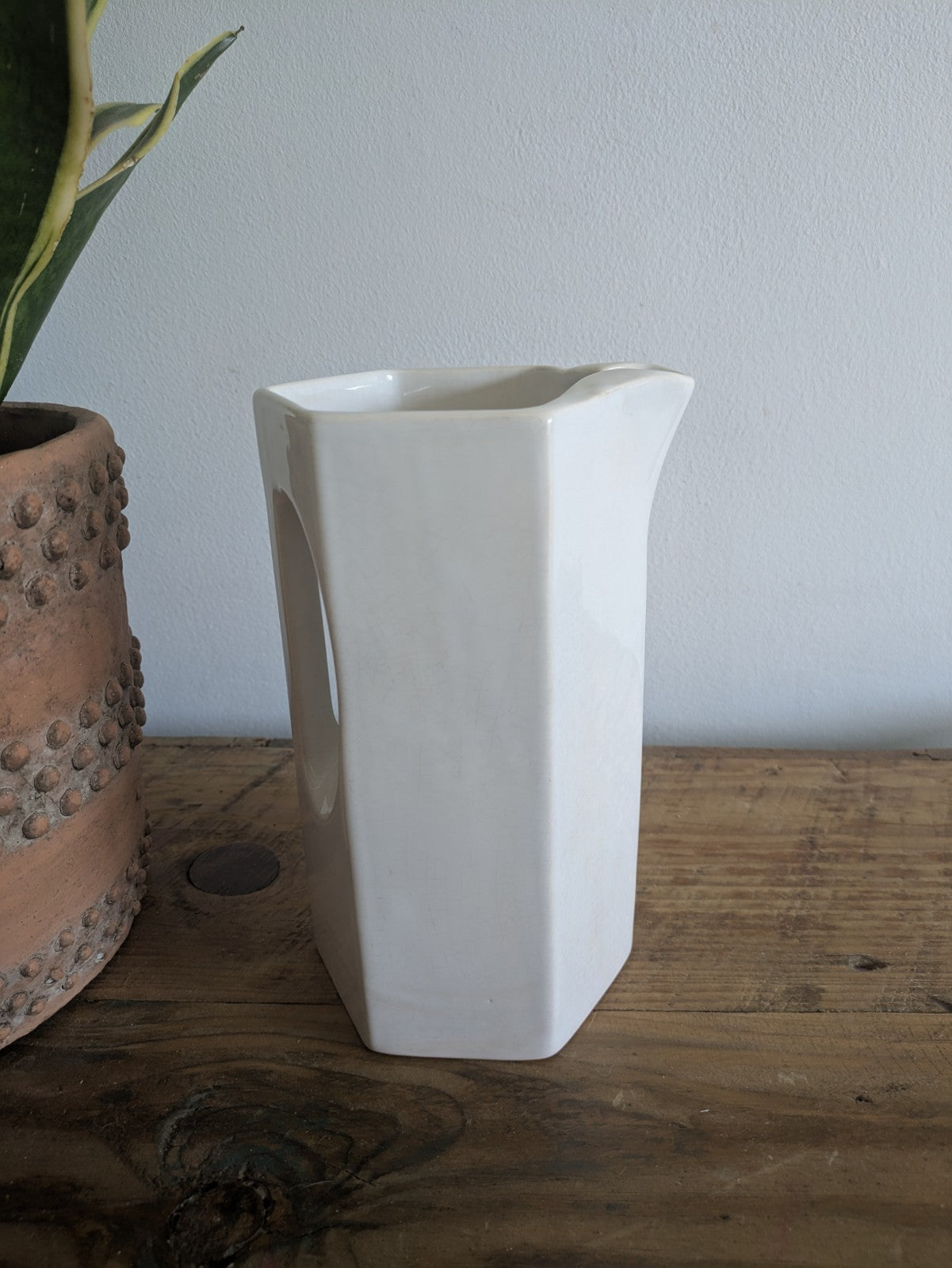 Vintage Deco White Ceramic Pitcher Jug Inset Handle Hexagonal Pitcher Crazed Vgc