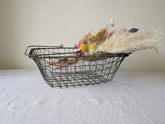 RETRO vtg 70s Metal wire shopping STORAGE BIN PROP FILM BASKET Handles Mesh Old