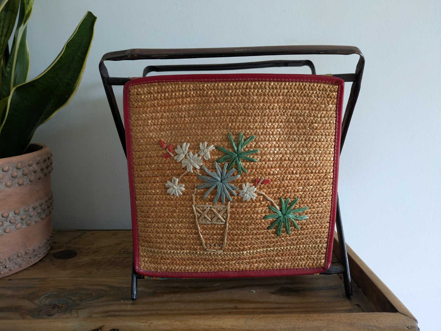 Vintage Folding Sewing Bamboo Woven Applique Magazine Tiki Rack Newspaper Basket