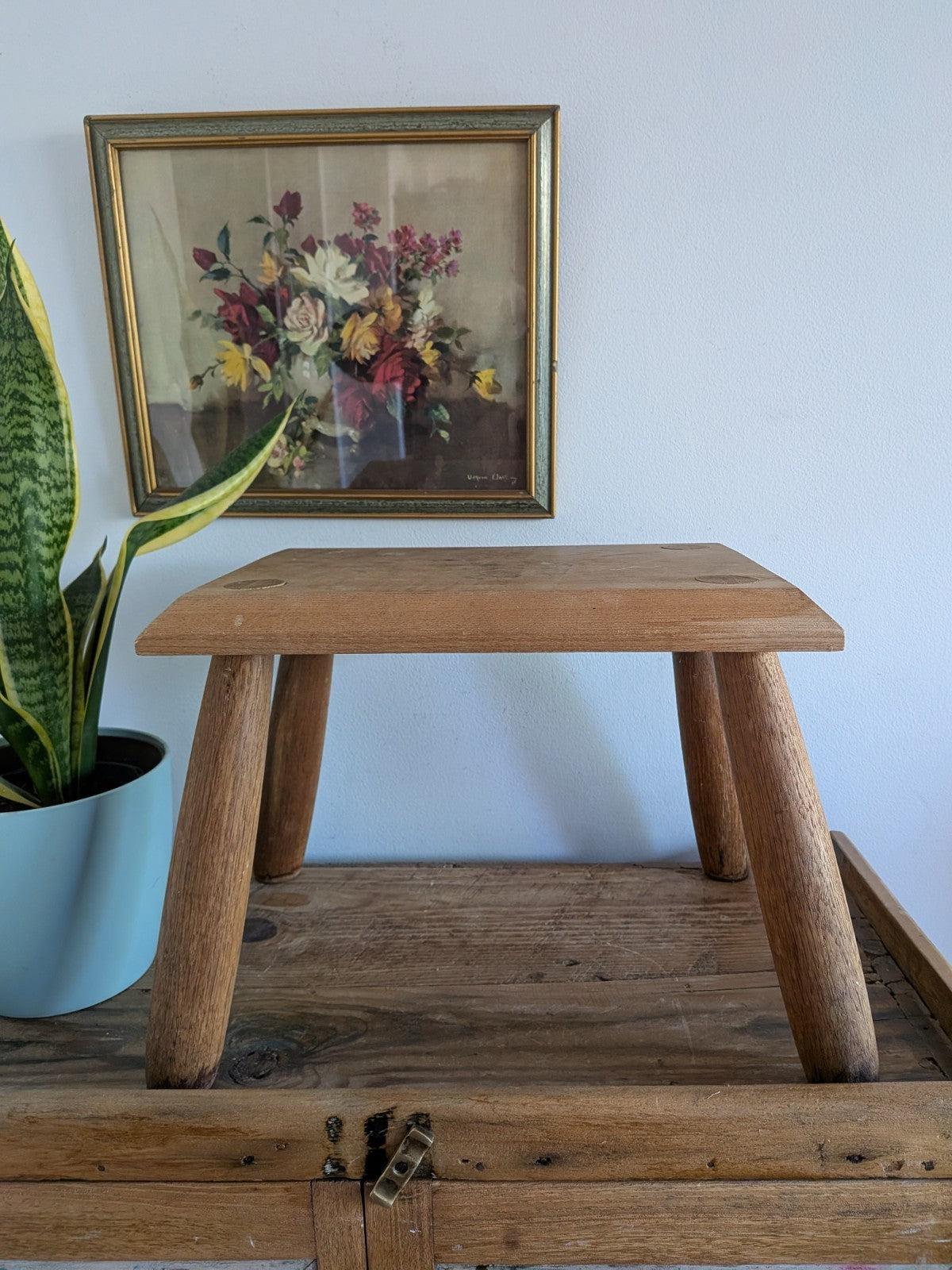 Vintage Step Stool Milk Wooden Seat Utilitarian Old Solid Chunky Leg Wood Prop 