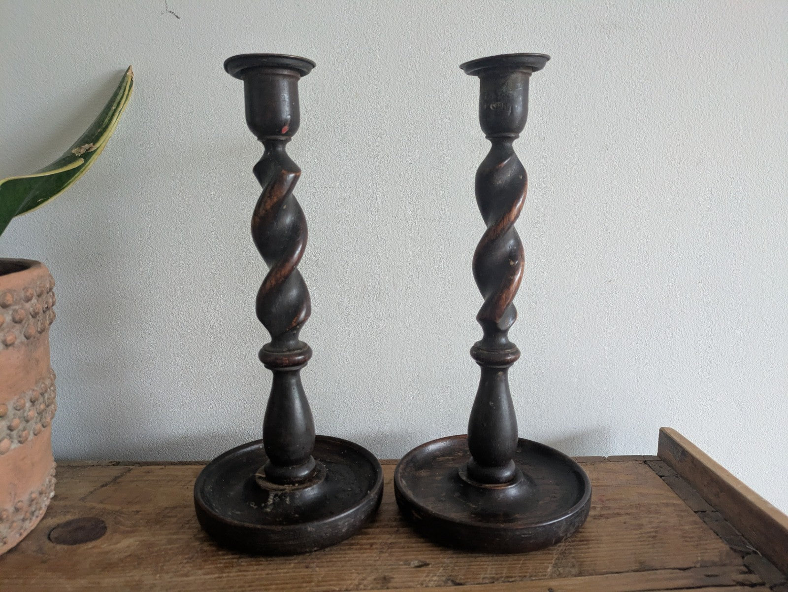 Antique English Oak Barley Twist Pair Candlesticks Candle Holders  31cm Tall Vtg