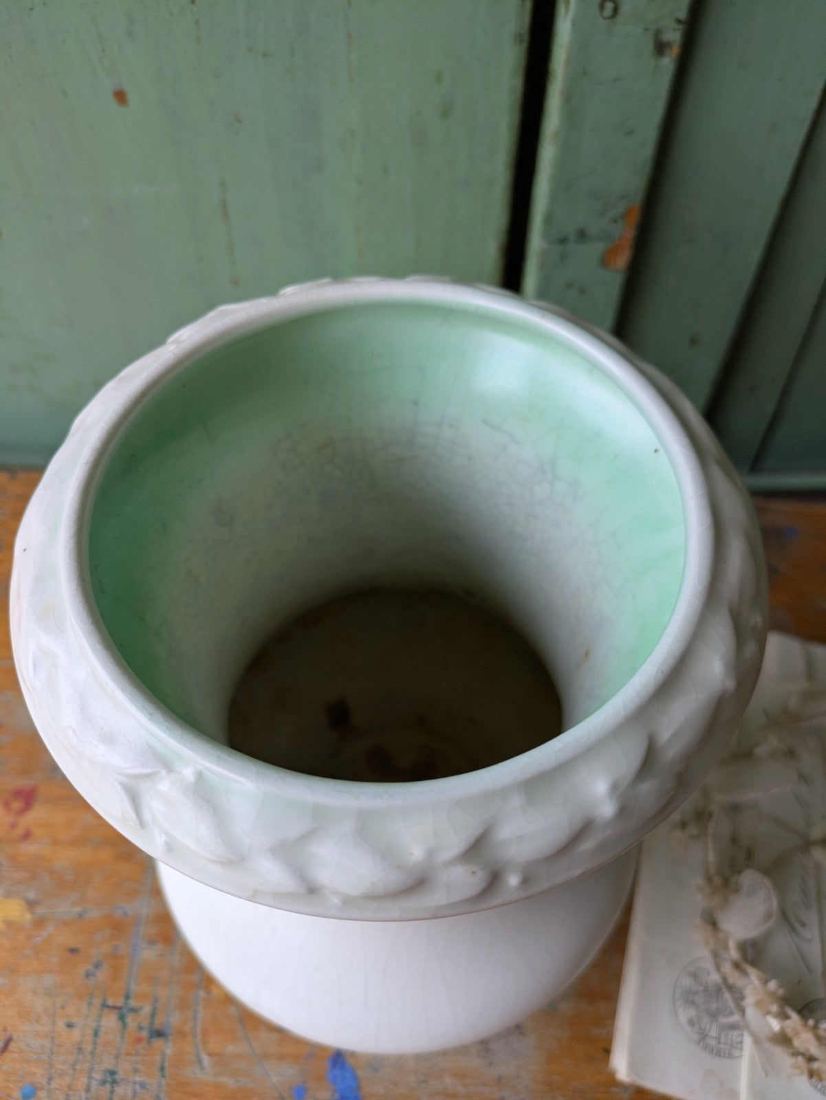 Rare Sylvac 1930s Satin White Green Mantle Vase flower Vtg Trumpet Decor 2465